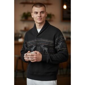 Cremieux Madison Avenue Men's Shawl Collar Sweater L Black Fair Isle Reindeer NW